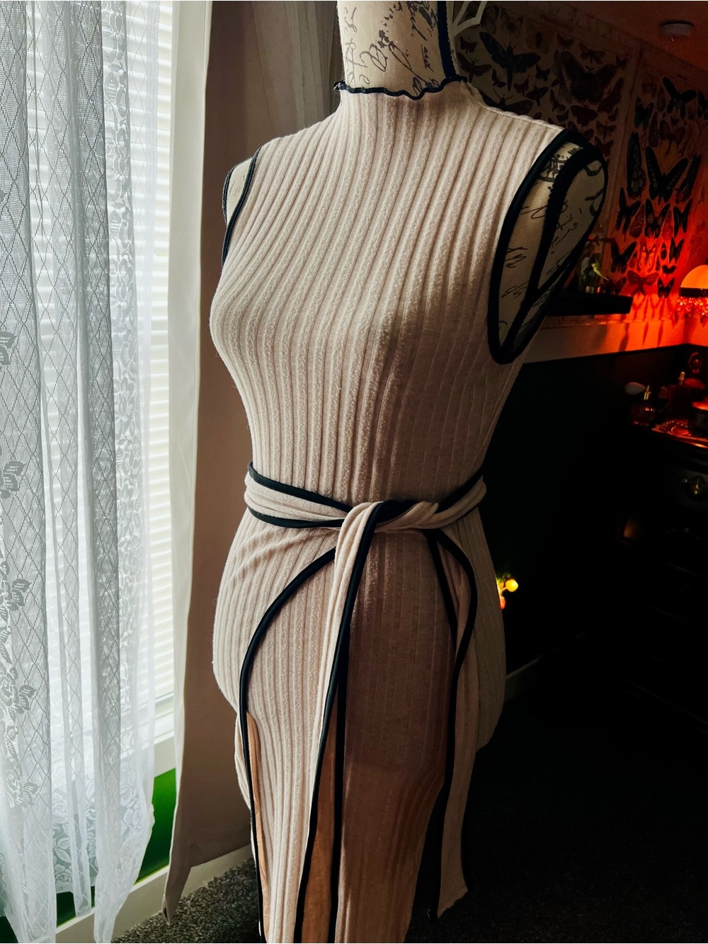 SHEIN Cream Ribbed Midi Dress with Black Contrast Trim